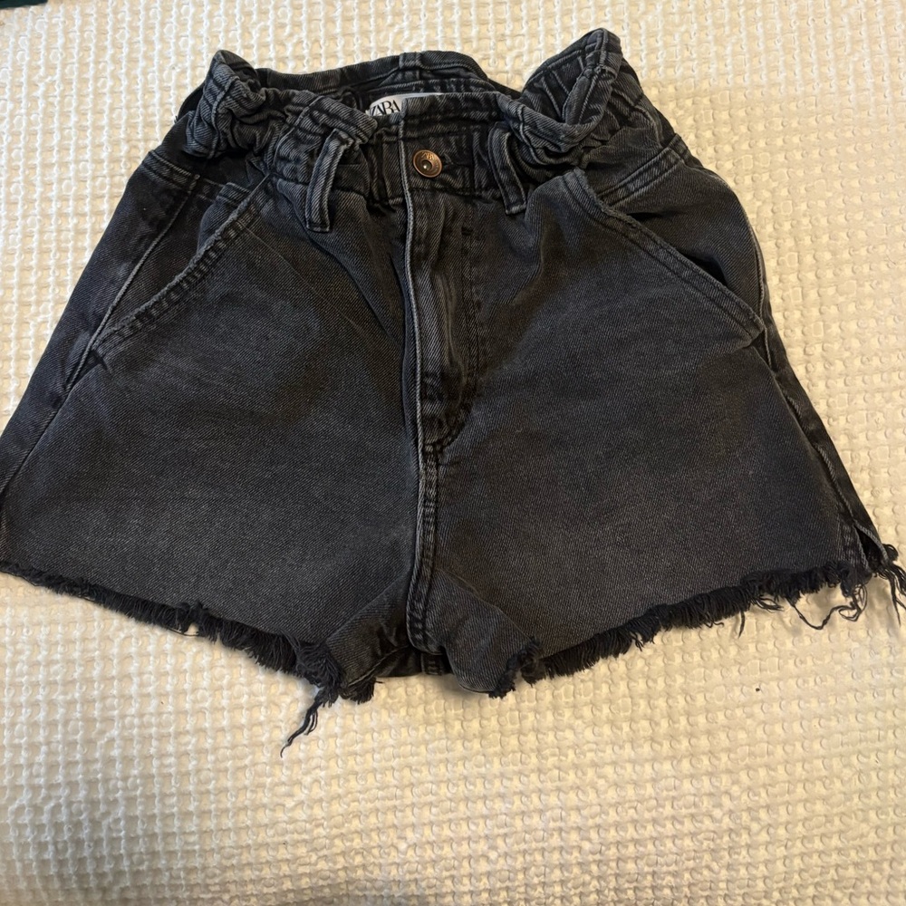 Zara Washed Black High-Rise Paperbag Denim Shorts